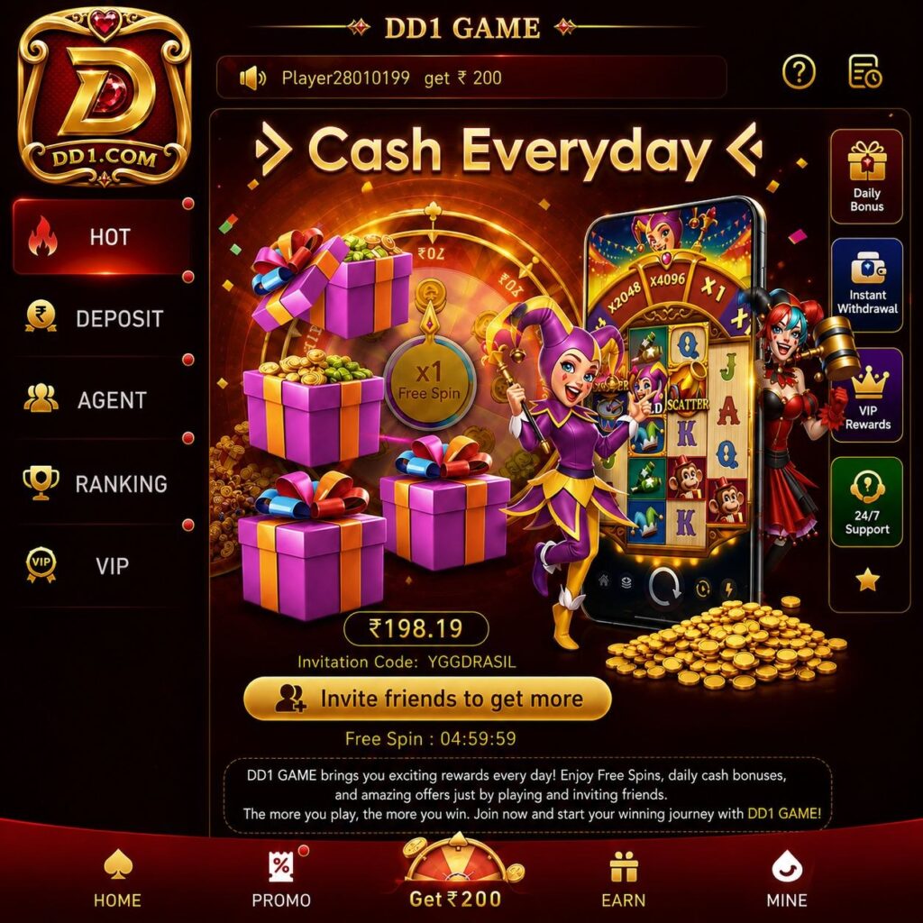 DD1 Game app dashboard showing bonus rewards, game options, and a user-friendly mobile interface.