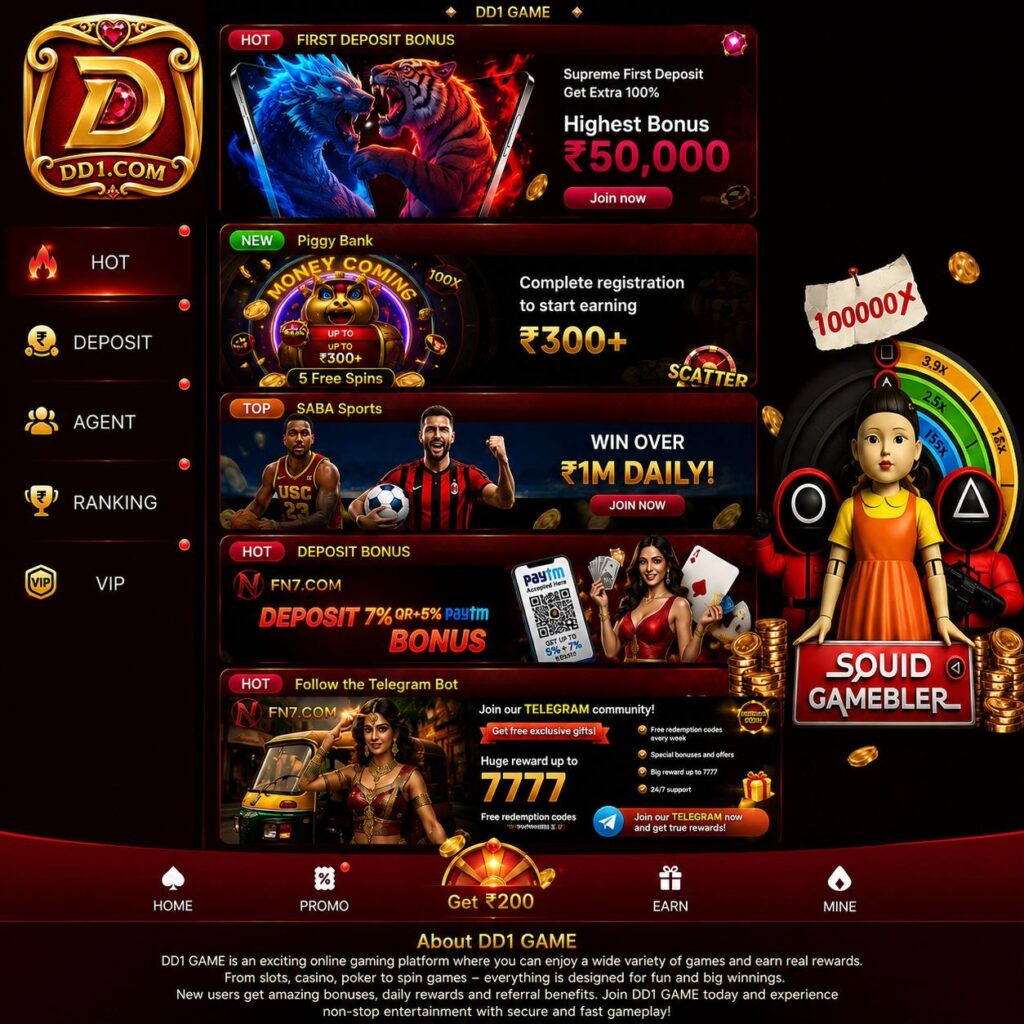 DD1 Game APK interface with exciting games, welcome bonus offers, and smooth mobile navigation.