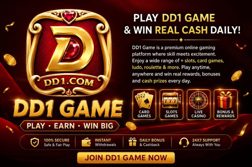DD1 Game APK download screen with secure login, bonus offers, and mobile gaming features.